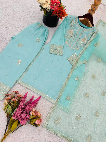 Sky Blue Designer Chinnon Silk Embroidery Top Pant Tissue Dupatta Set