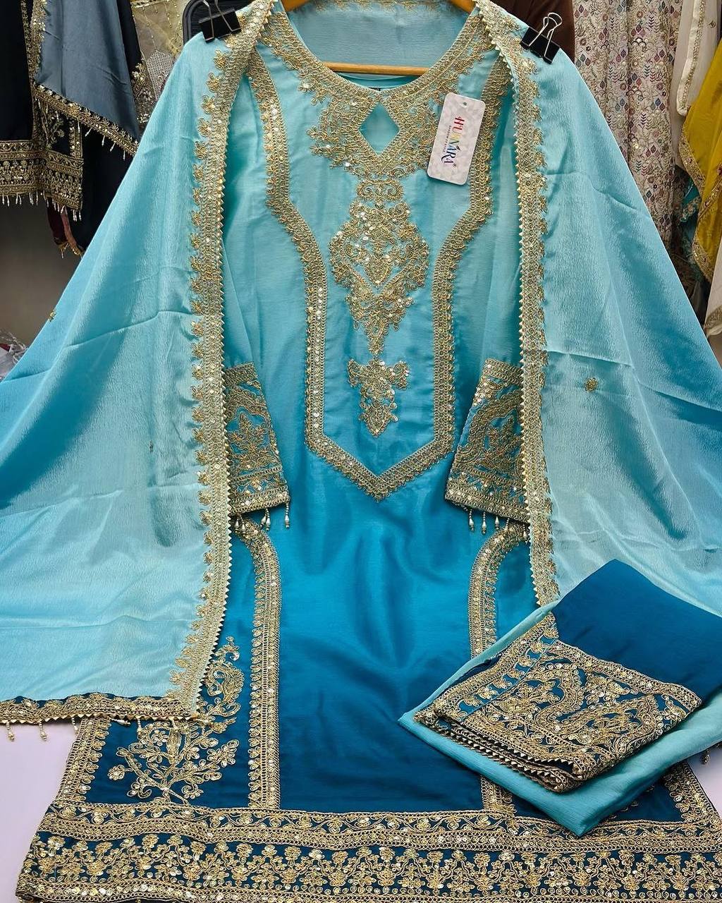 Sky Blue Designer Dual Tone Chinon Silk Plazzo Top and Dupatta