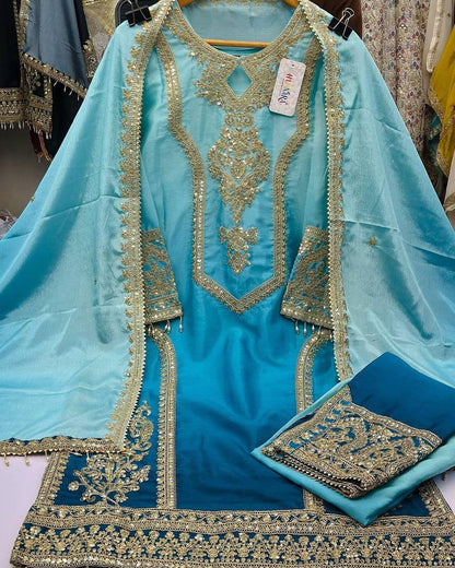 Sky Blue Designer Dual Tone Chinon Silk Plazzo Top and Dupatta