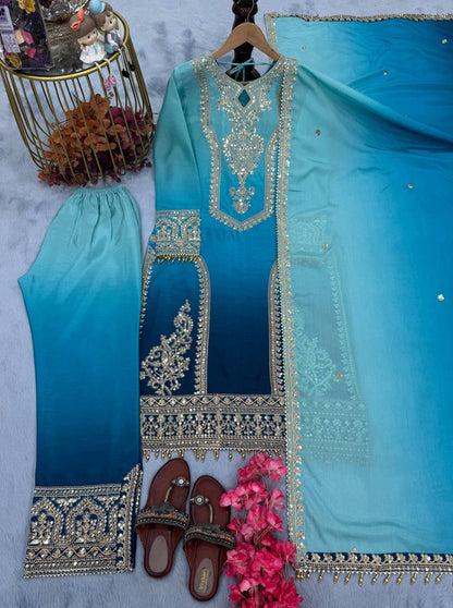 Sky Blue Designer Dual Tone Chinon Silk Plazzo Top and Dupatta