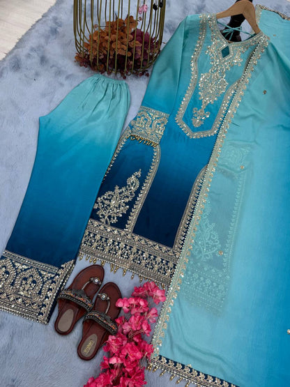 Sky Blue Designer Dual Tone Chinon Silk Plazzo Top and Dupatta