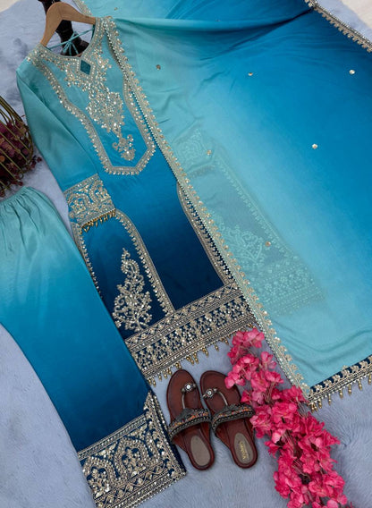 Sky Blue Designer Dual Tone Chinon Silk Plazzo Top and Dupatta