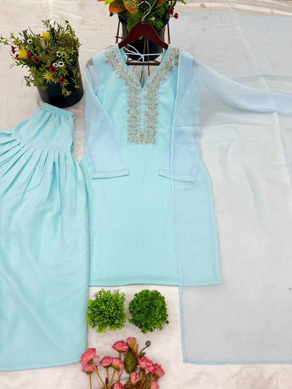 Sky Blue Designer Faux Georgette Embroidery Sharara Suit and Dupatta