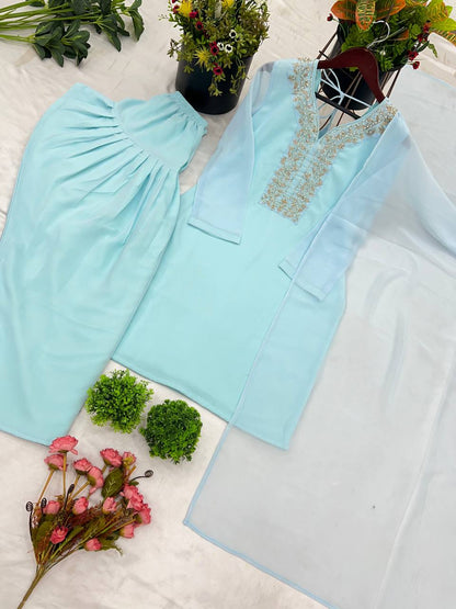 Sky Blue Designer Faux Georgette Embroidery Sharara Suit and Dupatta