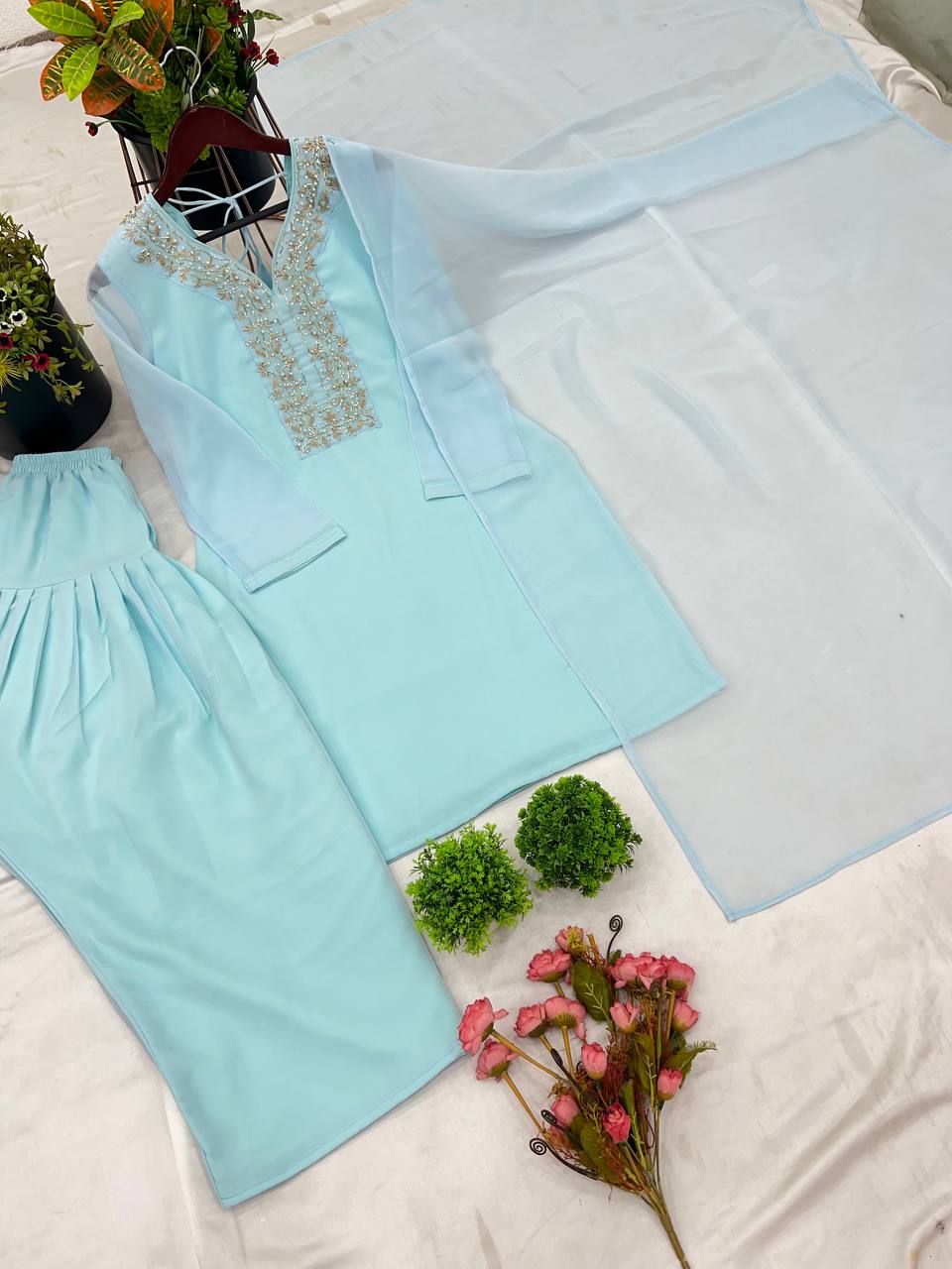 Sky Blue Designer Faux Georgette Embroidery Sharara Suit and Dupatta