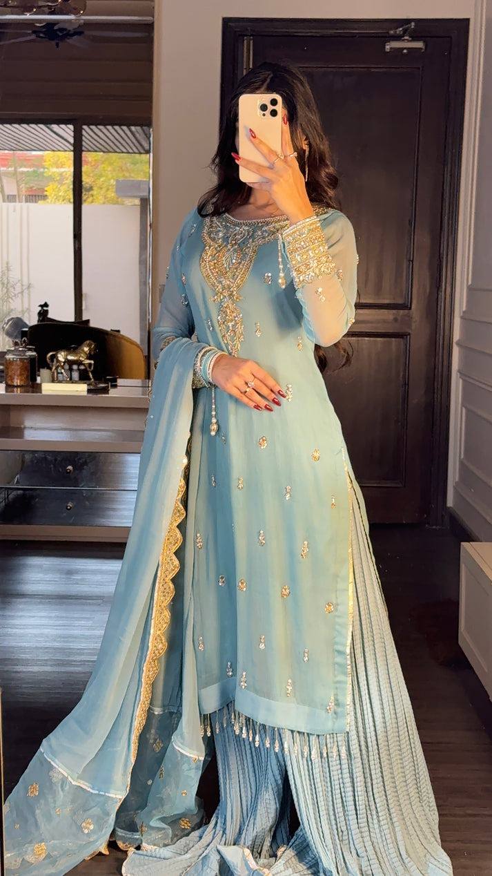 Sky Blue Designer Faux Georgette Palazzo Top and Dupatta For Party Wear