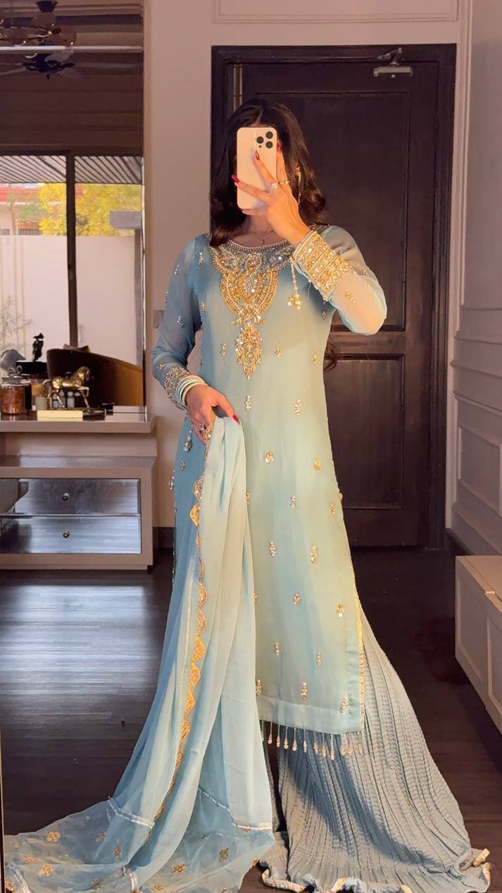 Sky Blue Designer Faux Georgette Palazzo Top and Dupatta For Party Wear