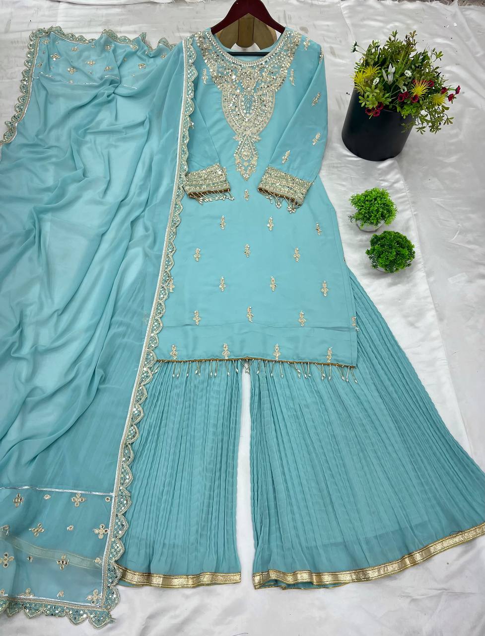 Sky Blue Designer Faux Georgette Palazzo Top and Dupatta For Party Wear