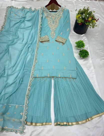 Sky Blue Designer Faux Georgette Palazzo Top and Dupatta For Party Wear