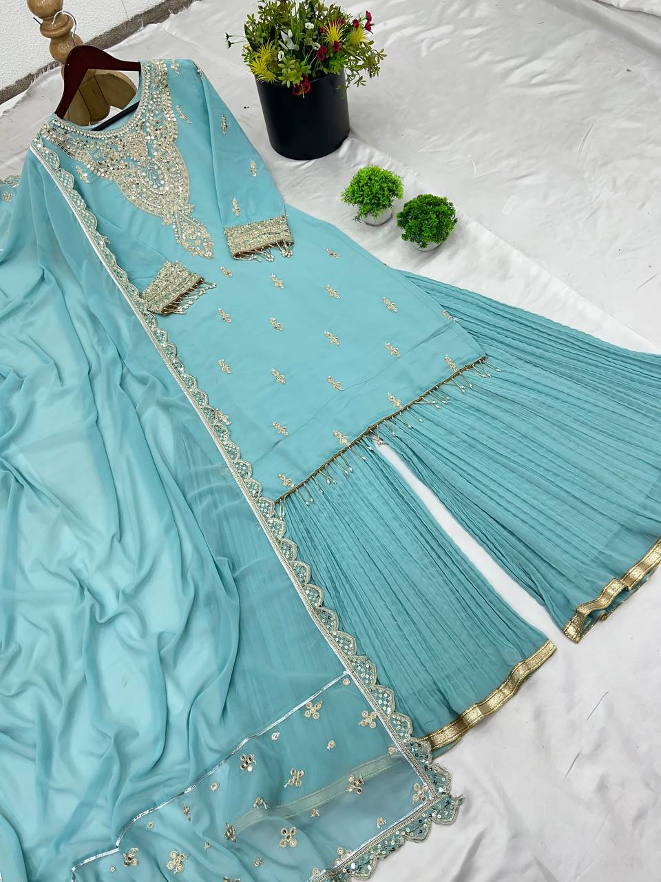 Sky Blue Designer Faux Georgette Palazzo Top and Dupatta For Party Wear