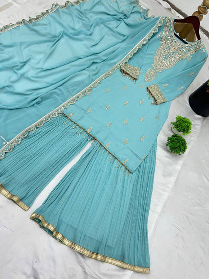 Sky Blue Designer Faux Georgette Palazzo Top and Dupatta For Party Wear