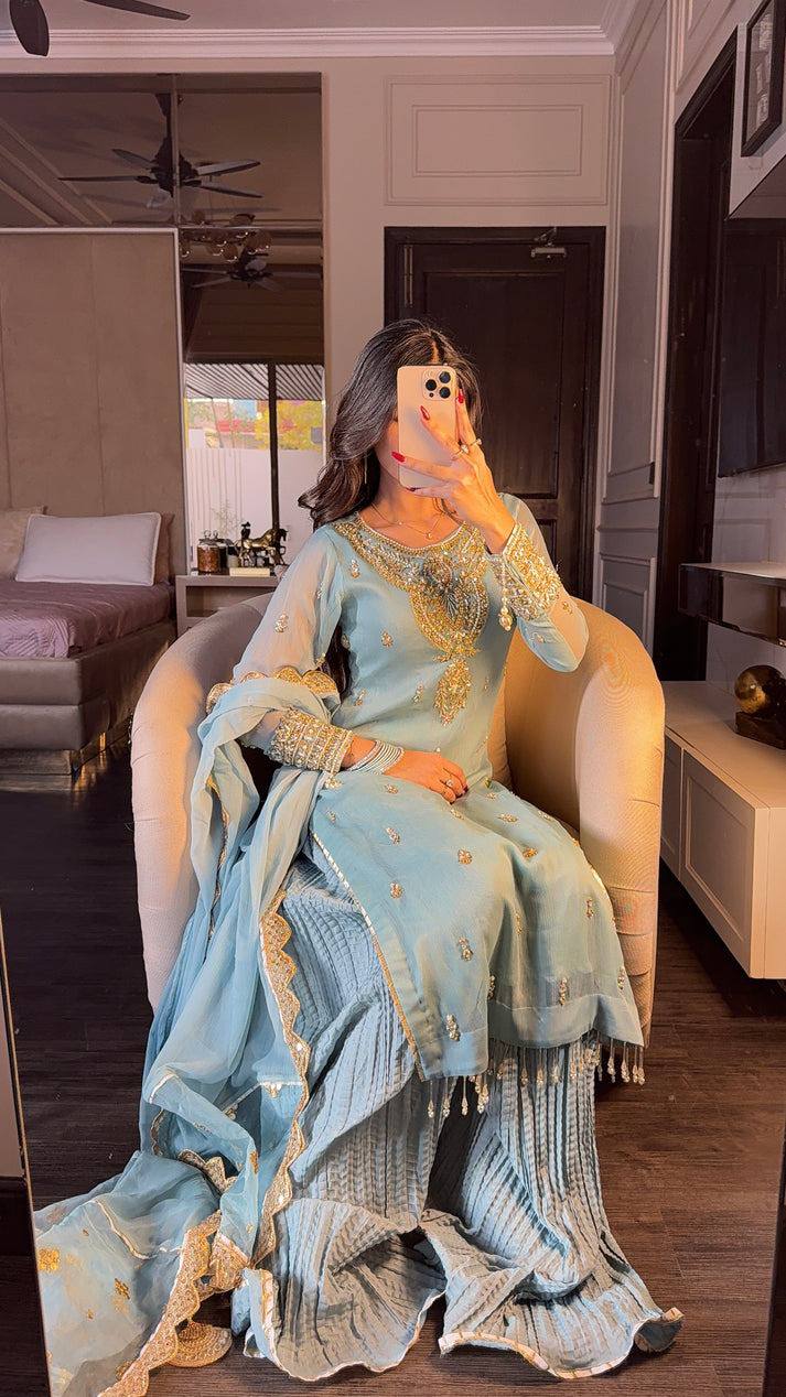 Sky Blue Designer Faux Georgette Palazzo Top and Dupatta For Party Wear