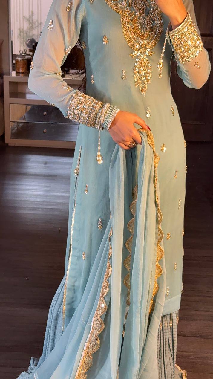 Sky Blue Designer Faux Georgette Palazzo Top and Dupatta For Party Wear
