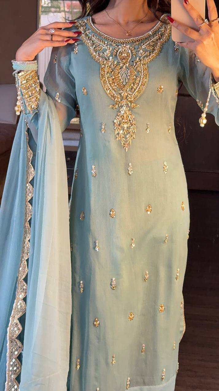 Sky Blue Designer Faux Georgette Palazzo Top and Dupatta For Party Wear