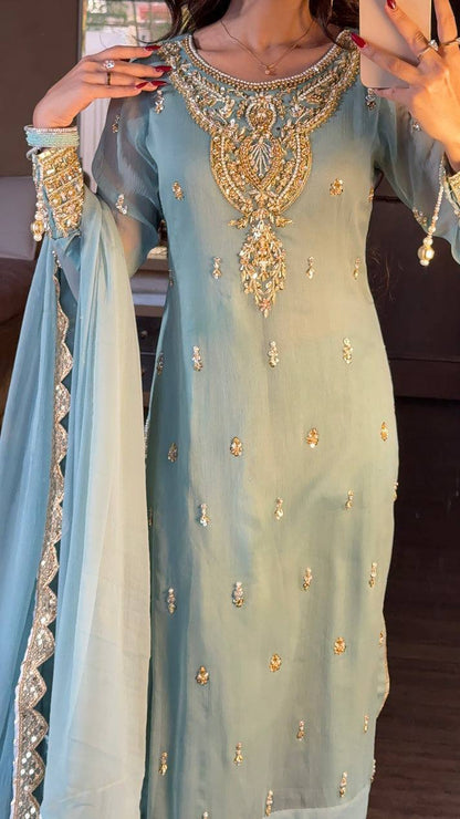 Sky Blue Designer Faux Georgette Palazzo Top and Dupatta For Party Wear