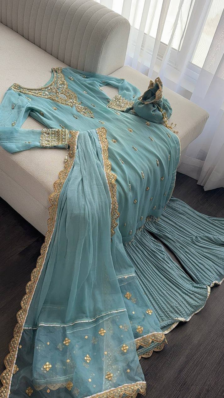 Sky Blue Designer Faux Georgette Palazzo Top and Dupatta For Party Wear
