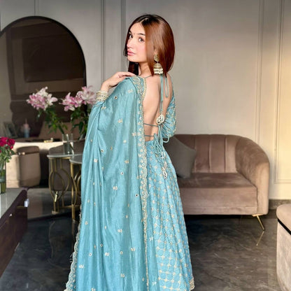 Sky Blue Designer Georgette Gown with Dupatta and Pant For Party Wear