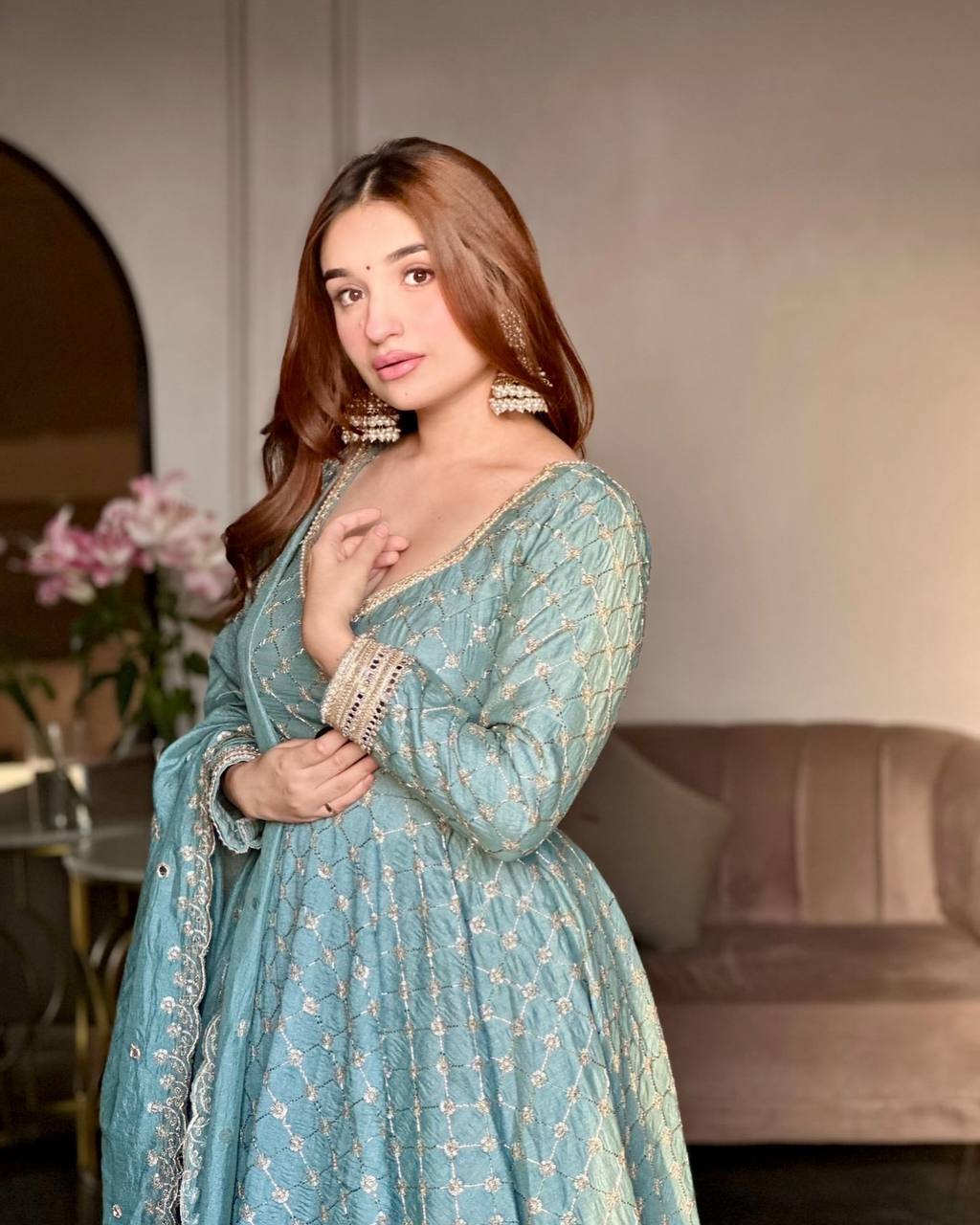 Sky Blue Designer Georgette Gown with Dupatta and Pant For Party Wear