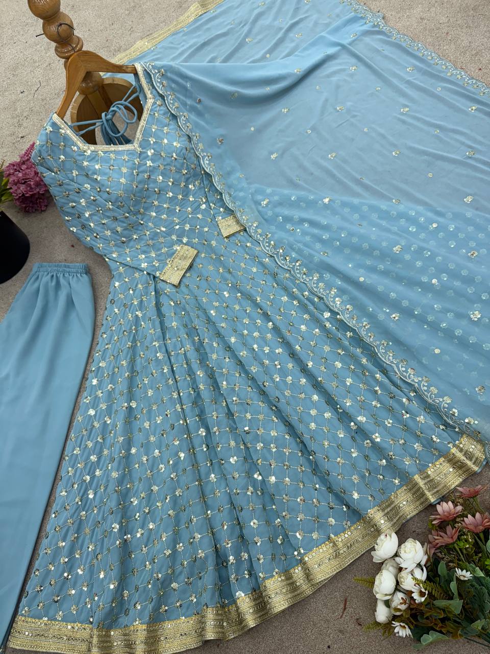 Sky Blue Designer Georgette Gown with Dupatta and Pant For Party Wear