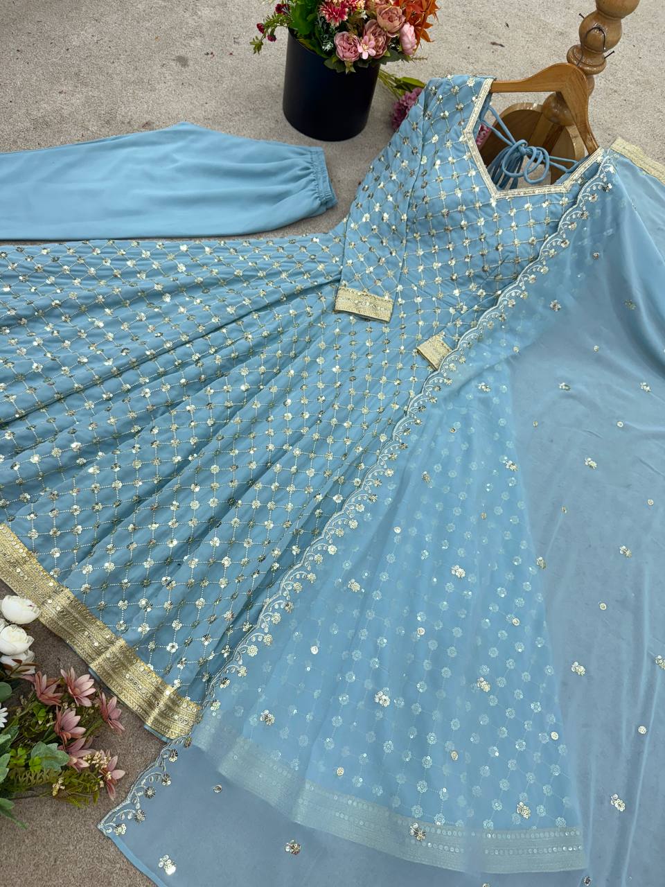 Sky Blue Designer Georgette Gown with Dupatta and Pant For Party Wear