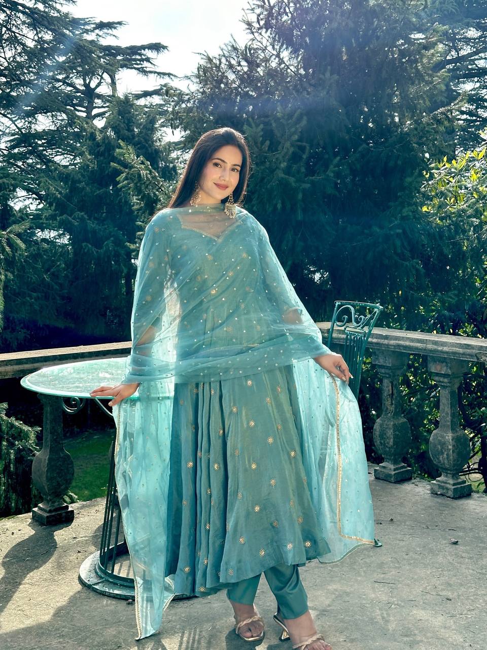 Sky Blue Designer Heavy Vichitra Silk Gown with Dupatta and Pant