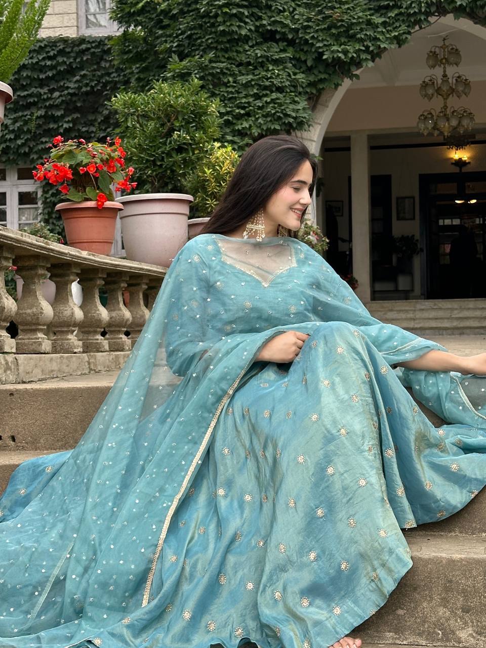 Sky Blue Designer Heavy Vichitra Silk Gown with Dupatta and Pant