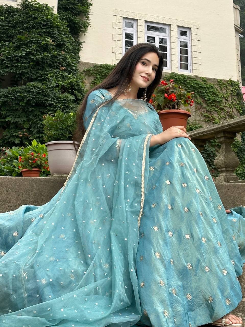 Sky Blue Designer Heavy Vichitra Silk Gown with Dupatta and Pant