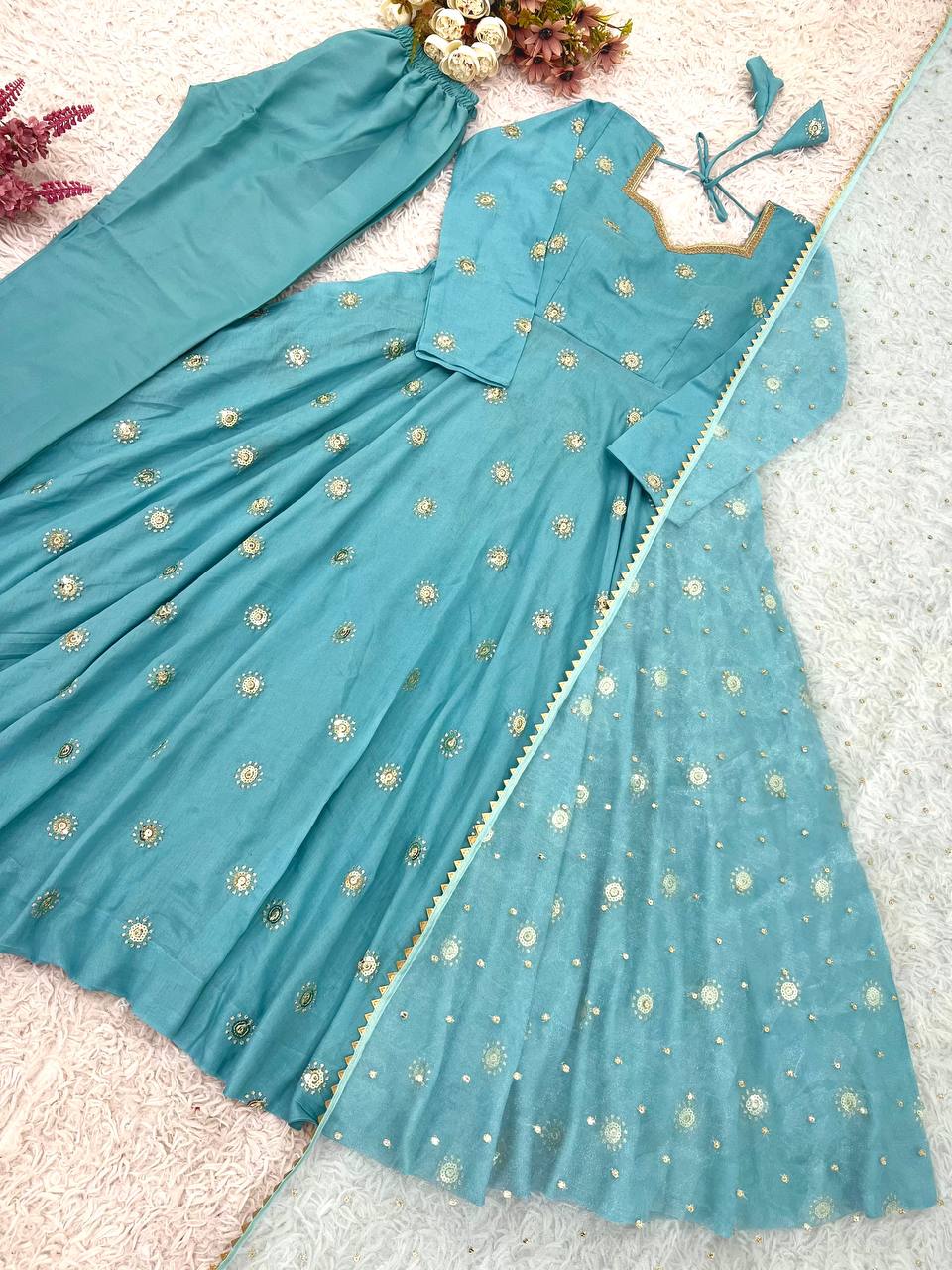 Sky Blue Designer Heavy Vichitra Silk Gown with Dupatta and Pant