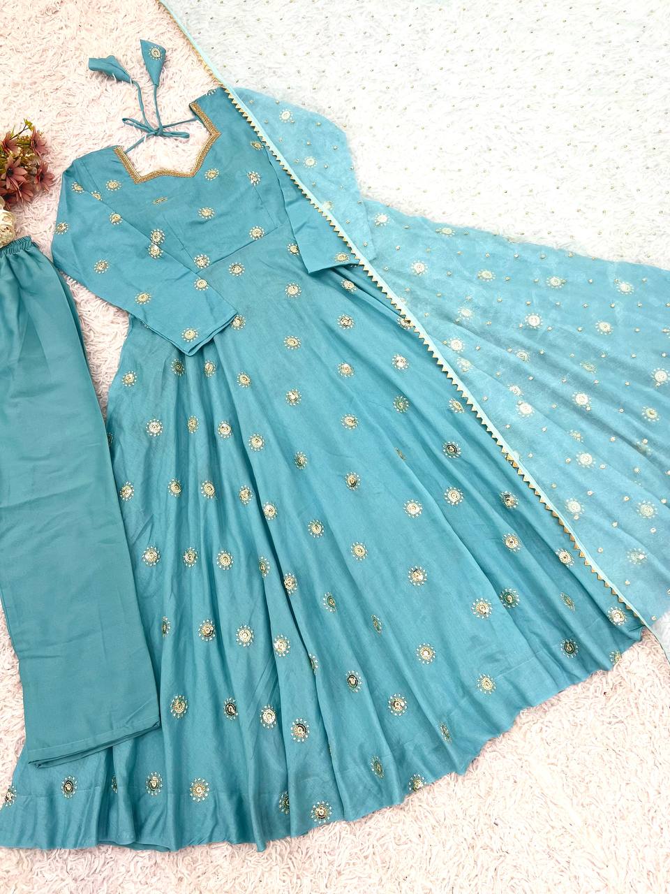 Sky Blue Designer Heavy Vichitra Silk Gown with Dupatta and Pant