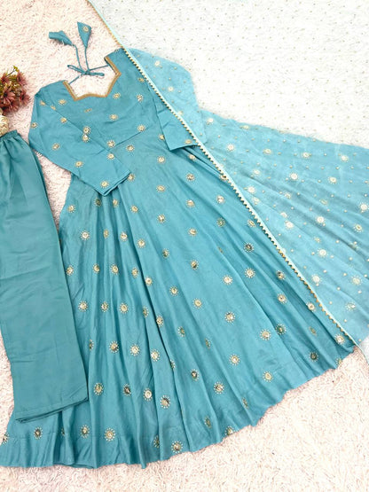 Sky Blue Designer Heavy Vichitra Silk Gown with Dupatta and Pant