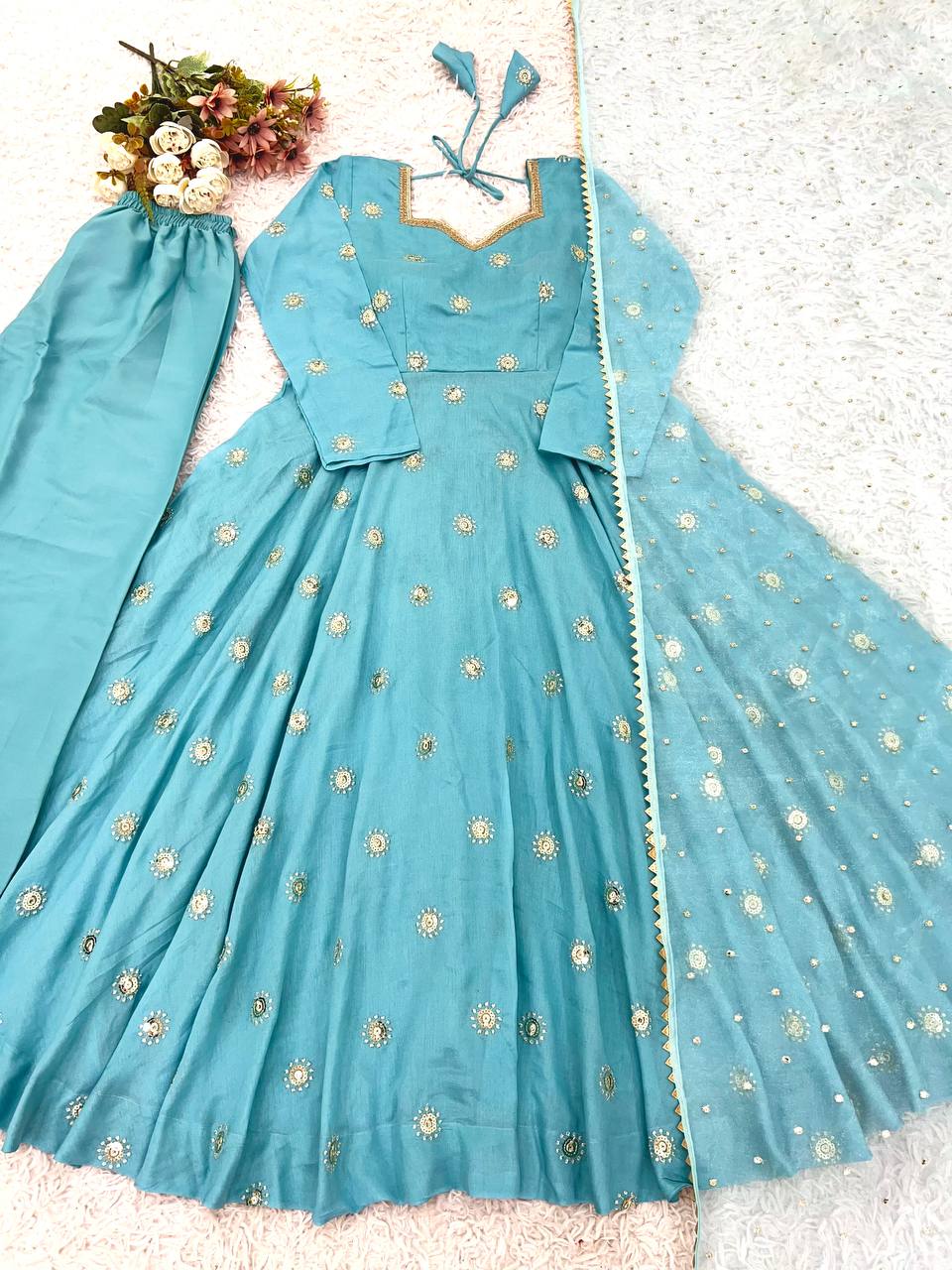 Sky Blue Designer Heavy Vichitra Silk Gown with Dupatta and Pant