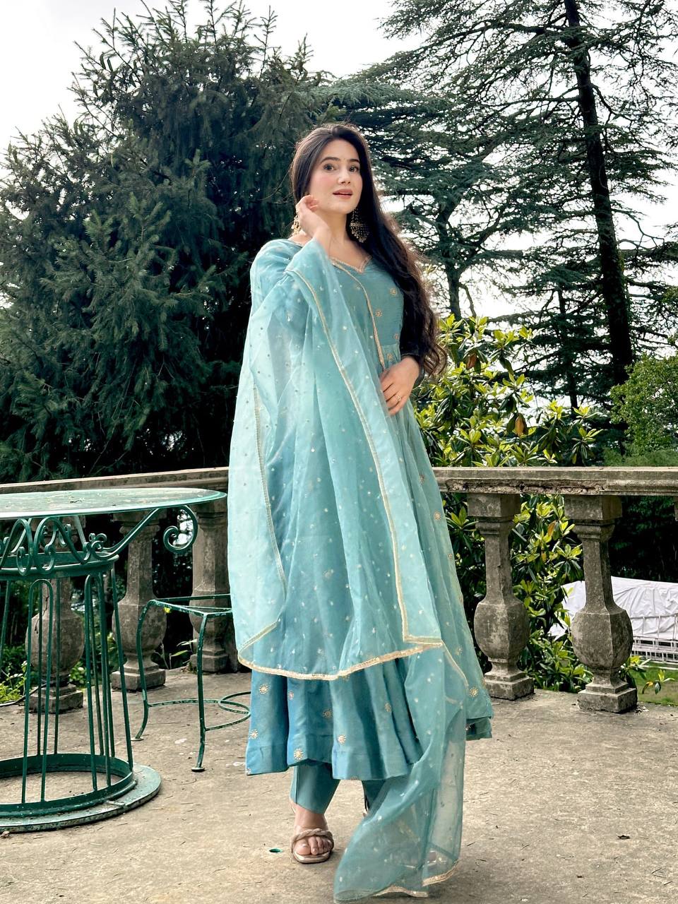 Sky Blue Designer Heavy Vichitra Silk Gown with Dupatta and Pant