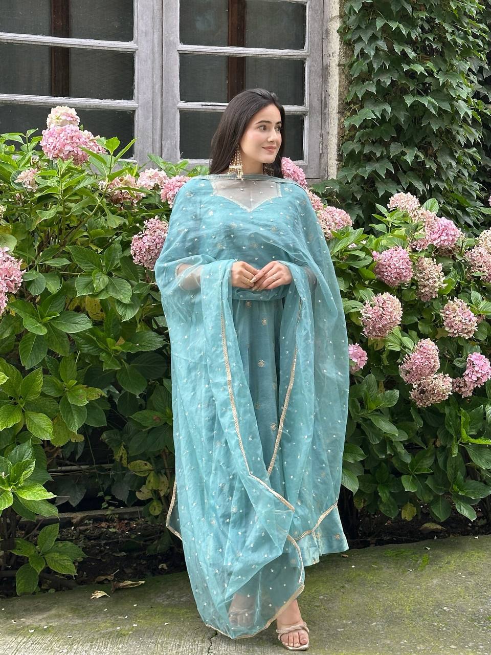 Sky Blue Designer Heavy Vichitra Silk Gown with Dupatta and Pant