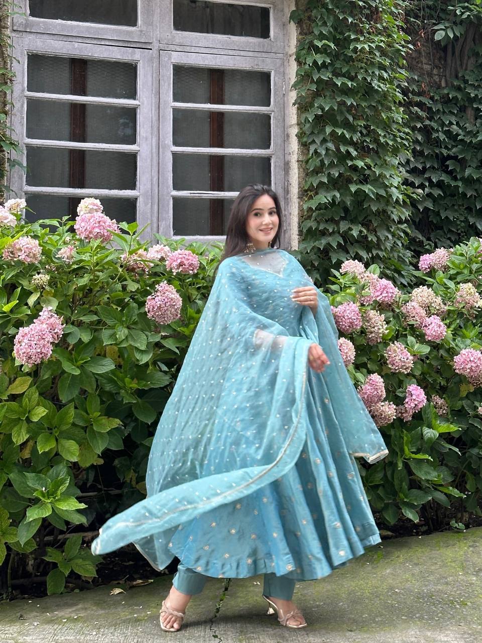 Sky Blue Designer Heavy Vichitra Silk Gown with Dupatta and Pant