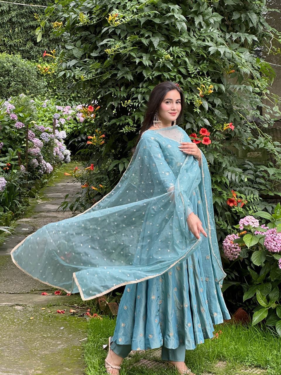 Sky Blue Designer Heavy Vichitra Silk Gown with Dupatta and Pant