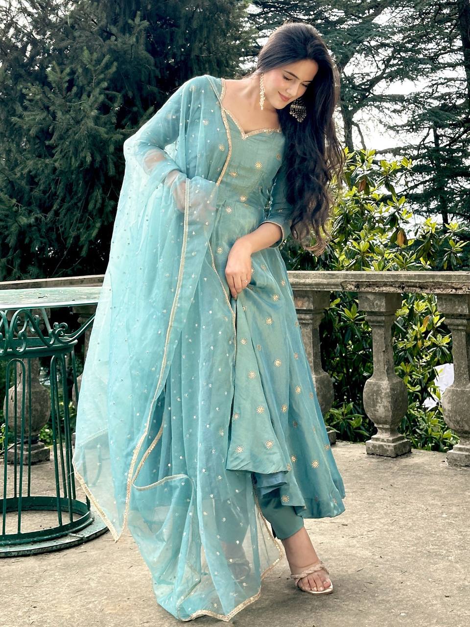 Sky Blue Designer Heavy Vichitra Silk Gown with Dupatta and Pant