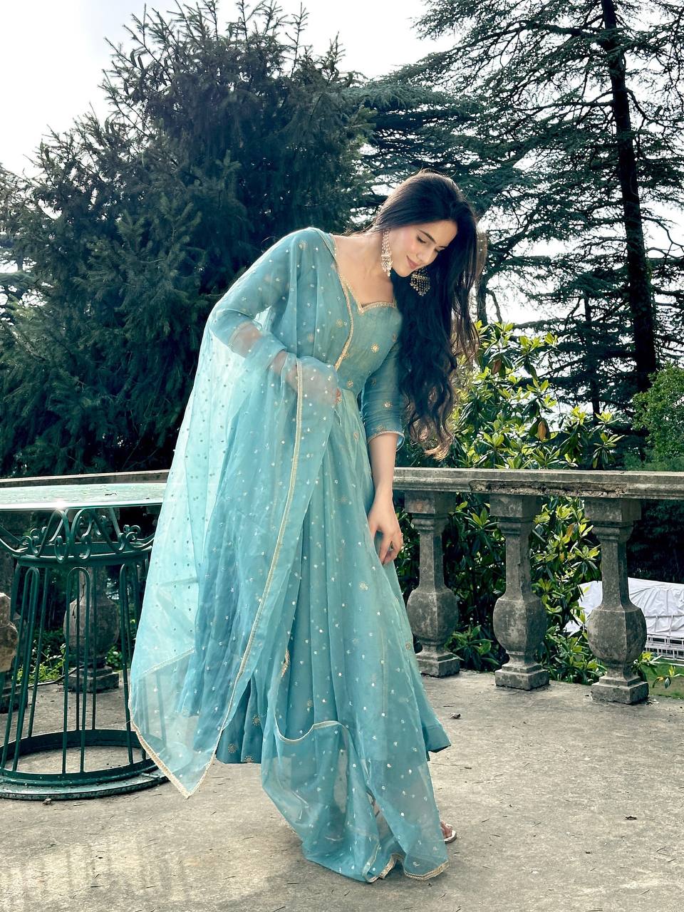 Sky Blue Designer Heavy Vichitra Silk Gown with Dupatta and Pant