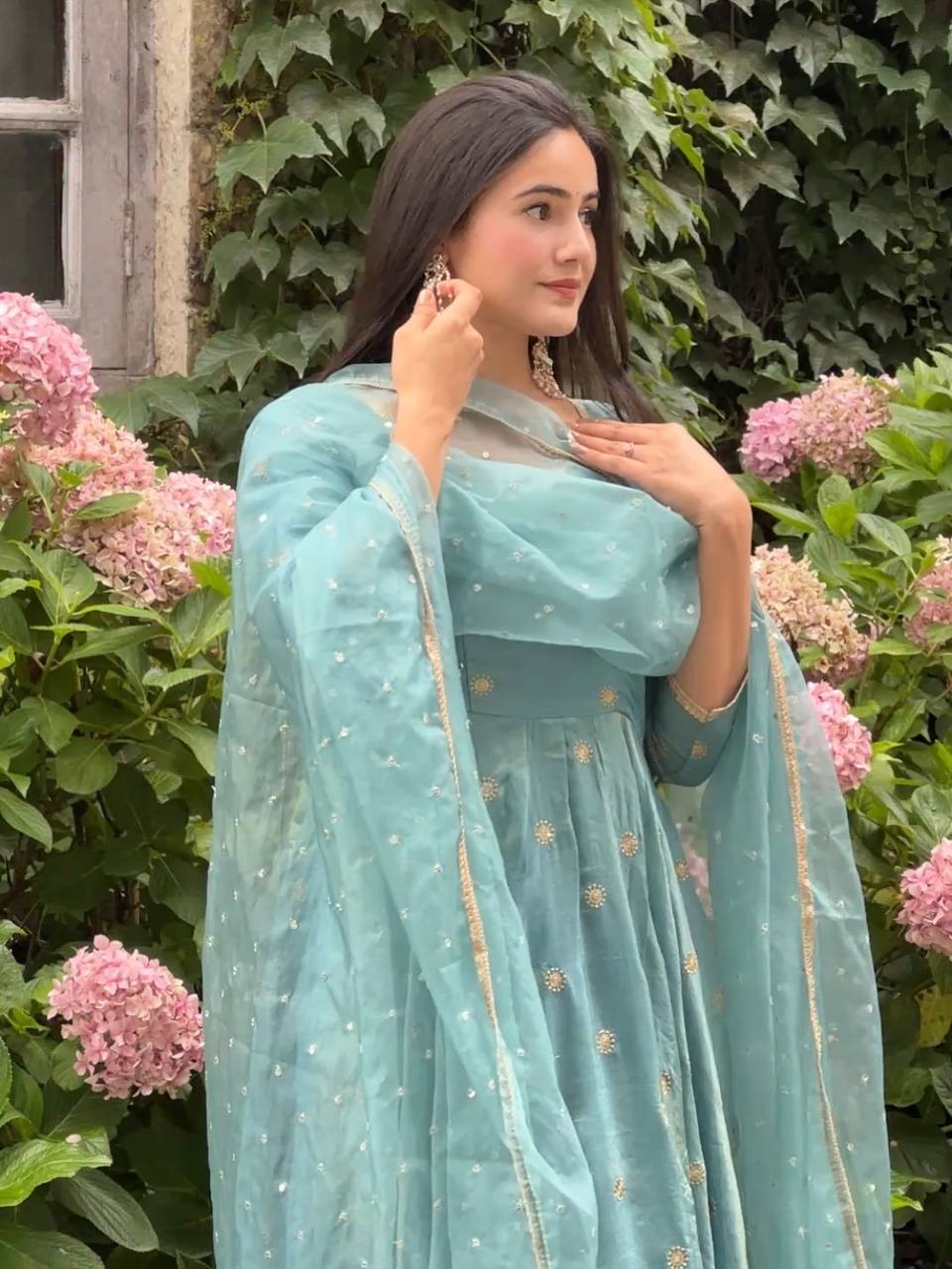 Sky Blue Designer Heavy Vichitra Silk Gown with Dupatta and Pant