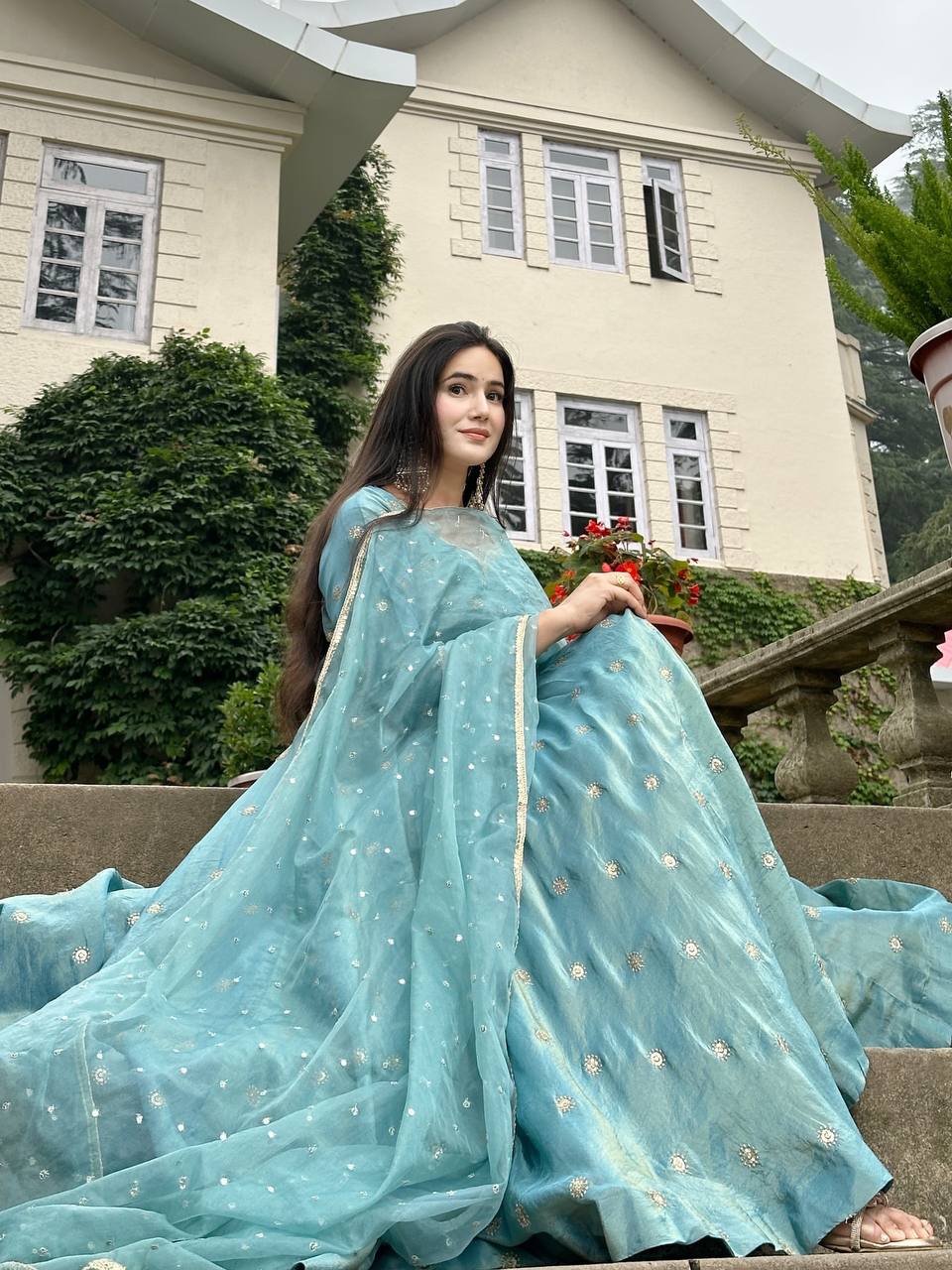 Sky Blue Designer Heavy Vichitra Silk Gown with Dupatta and Pant