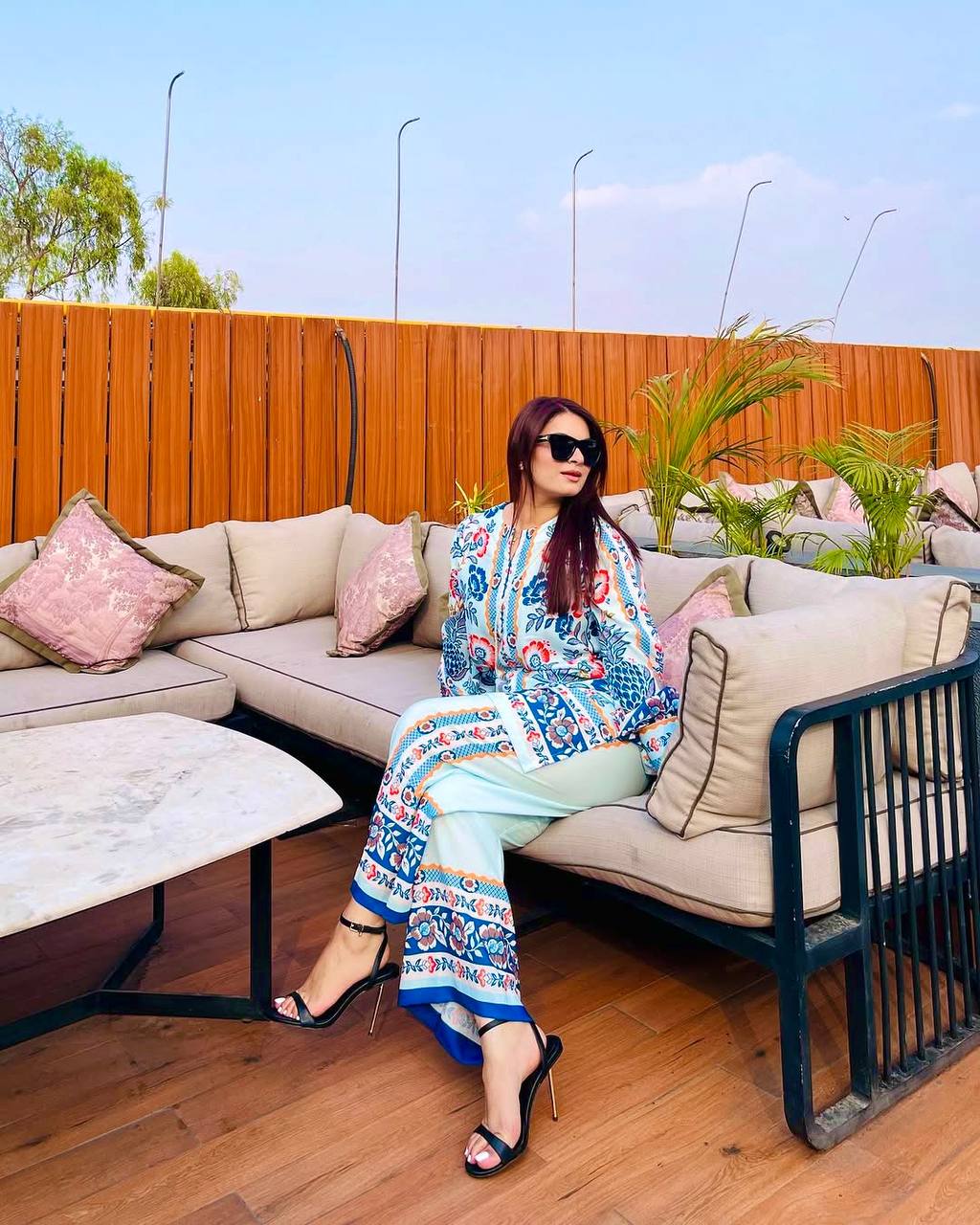 Sky Blue Designer Natural Crepe Plazzo Top and Dupatta For Party Wear