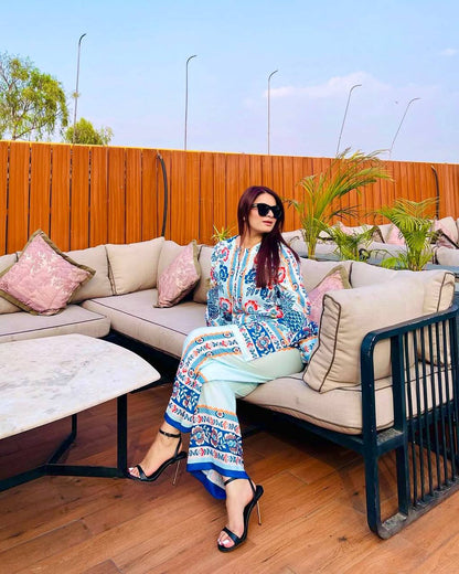 Sky Blue Designer Natural Crepe Plazzo Top and Dupatta For Party Wear