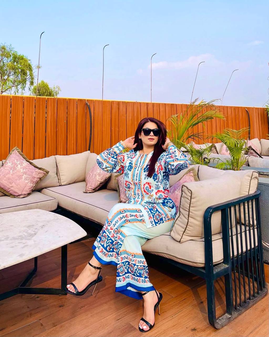 Sky Blue Designer Natural Crepe Plazzo Top and Dupatta For Party Wear