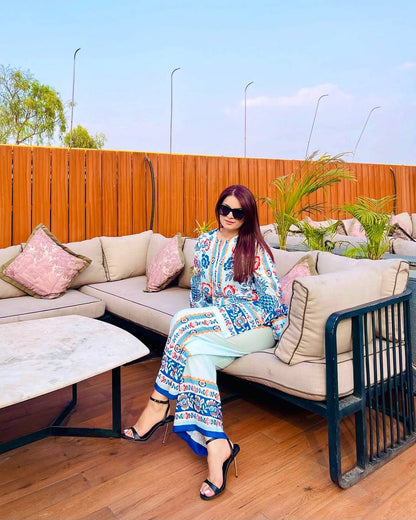 Sky Blue Designer Natural Crepe Plazzo Top and Dupatta For Party Wear