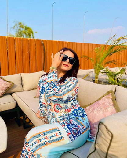 Sky Blue Designer Natural Crepe Plazzo Top and Dupatta For Party Wear