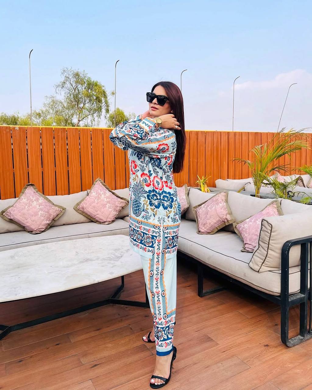 Sky Blue Designer Natural Crepe Plazzo Top and Dupatta For Party Wear