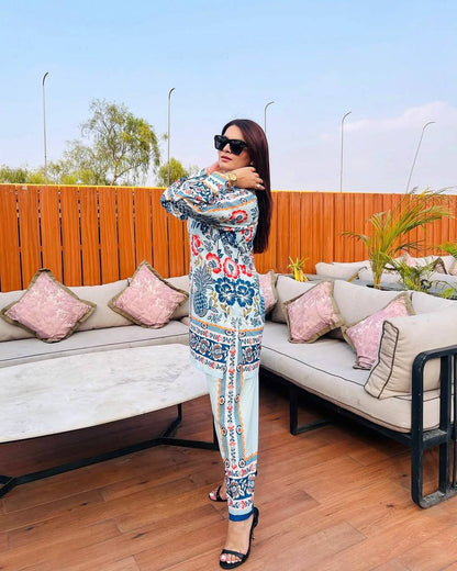 Sky Blue Designer Natural Crepe Plazzo Top and Dupatta For Party Wear