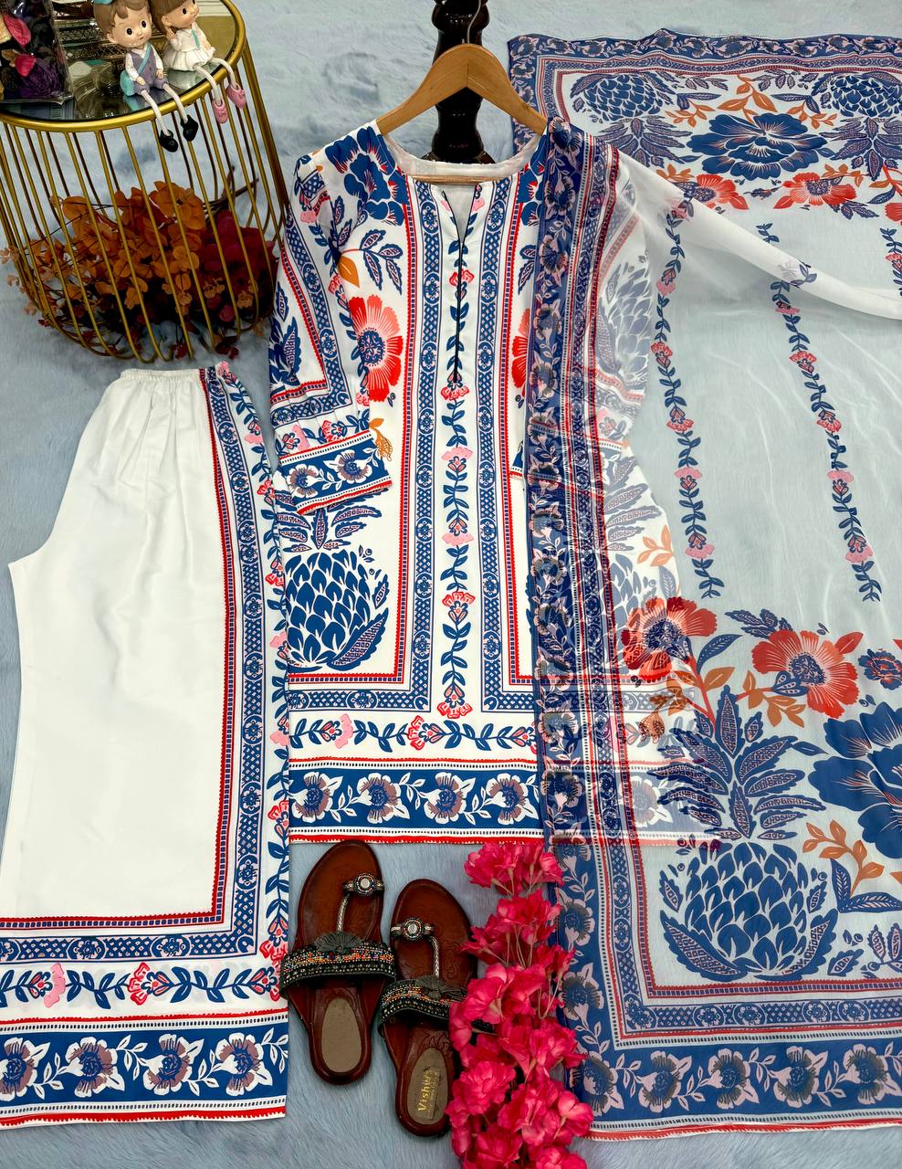 Sky Blue Designer Natural Crepe Plazzo Top and Dupatta For Party Wear