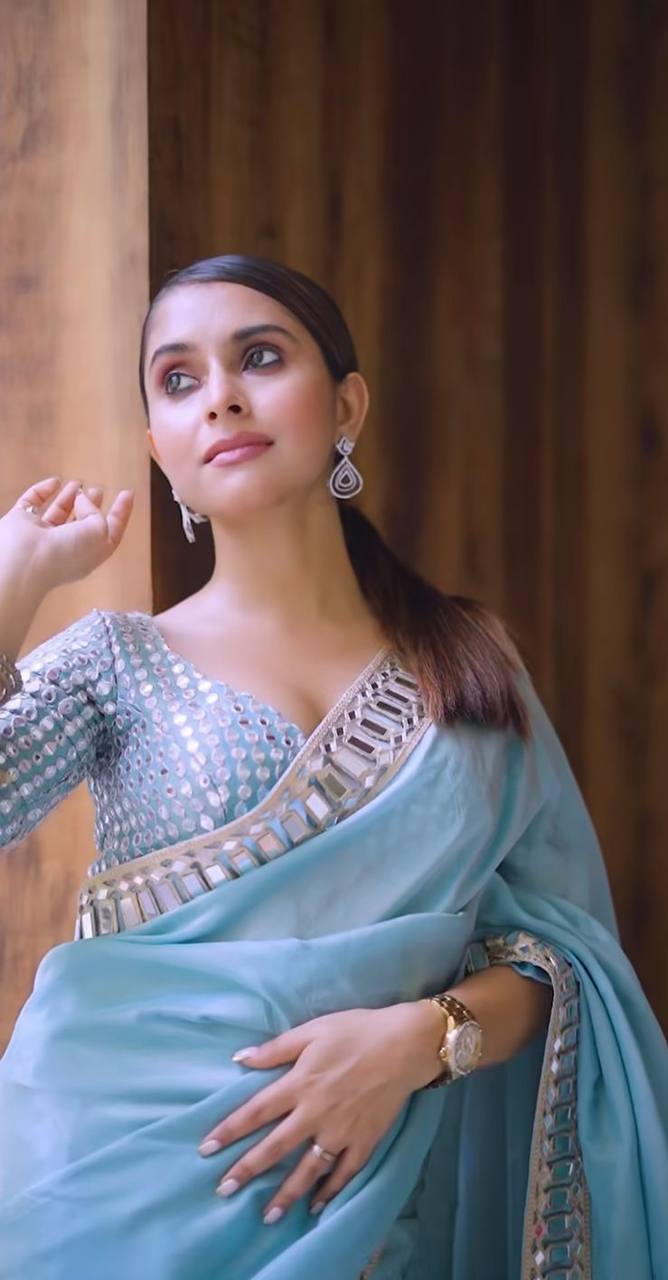 Sky Blue Designer Satin Silk Embroidery Saree and Mirror Work Blouse