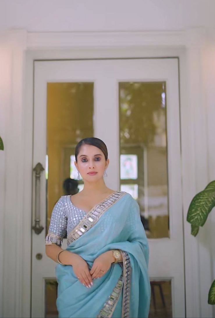 Sky Blue Designer Satin Silk Embroidery Saree and Mirror Work Blouse