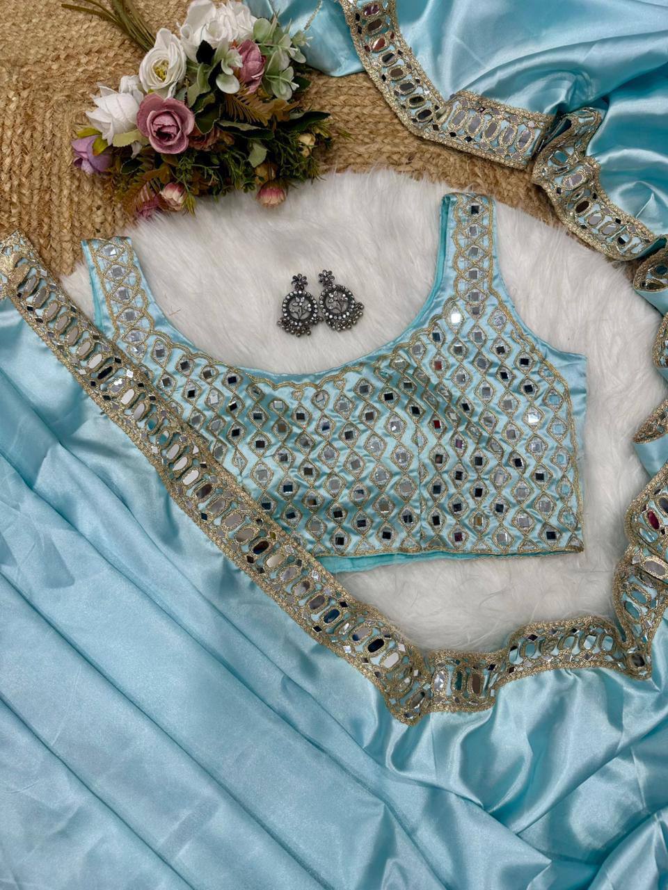 Sky Blue Designer Satin Silk Embroidery Saree and Mirror Work Blouse